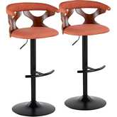 Gardenia Adjustable Swivel Bar Stool in Black Metal, Walnut Wood & Orange Fabric (Set of 2)